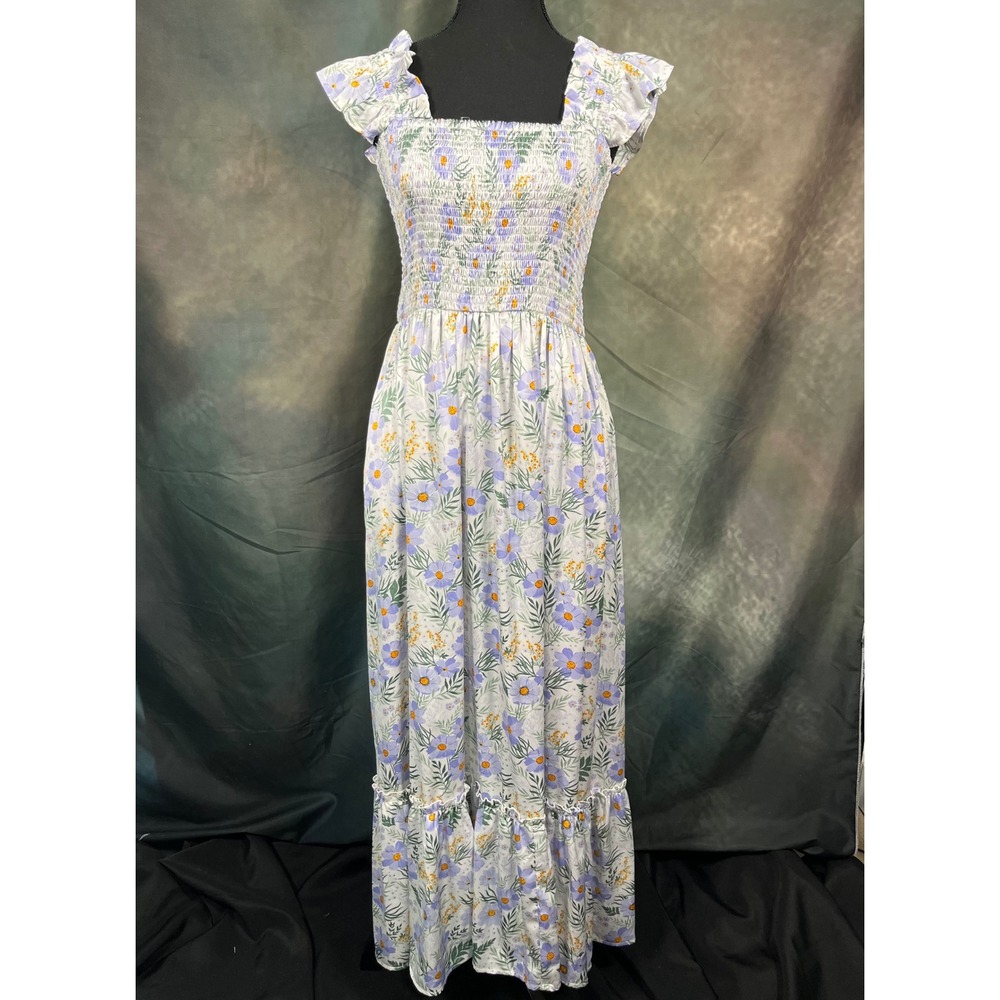 Melloday Floral Smocked Maxi Dress Purple Daisy Ruffle Sleeve Pockets Small
